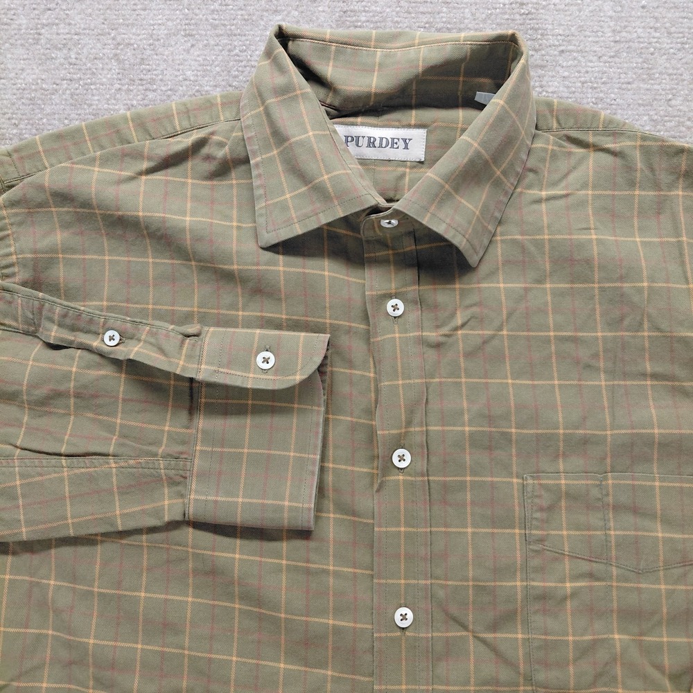 Purdey Shirt Mens Sz 17" Olive Green Tattersall Check Country Shooting Button
